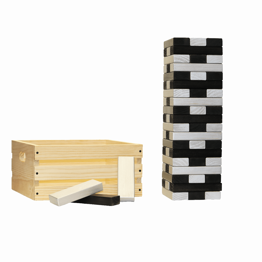 Slick Woody's Black / Silver Tailgating Pros Giant Toppling Timbers with Natural Wooden Crate
