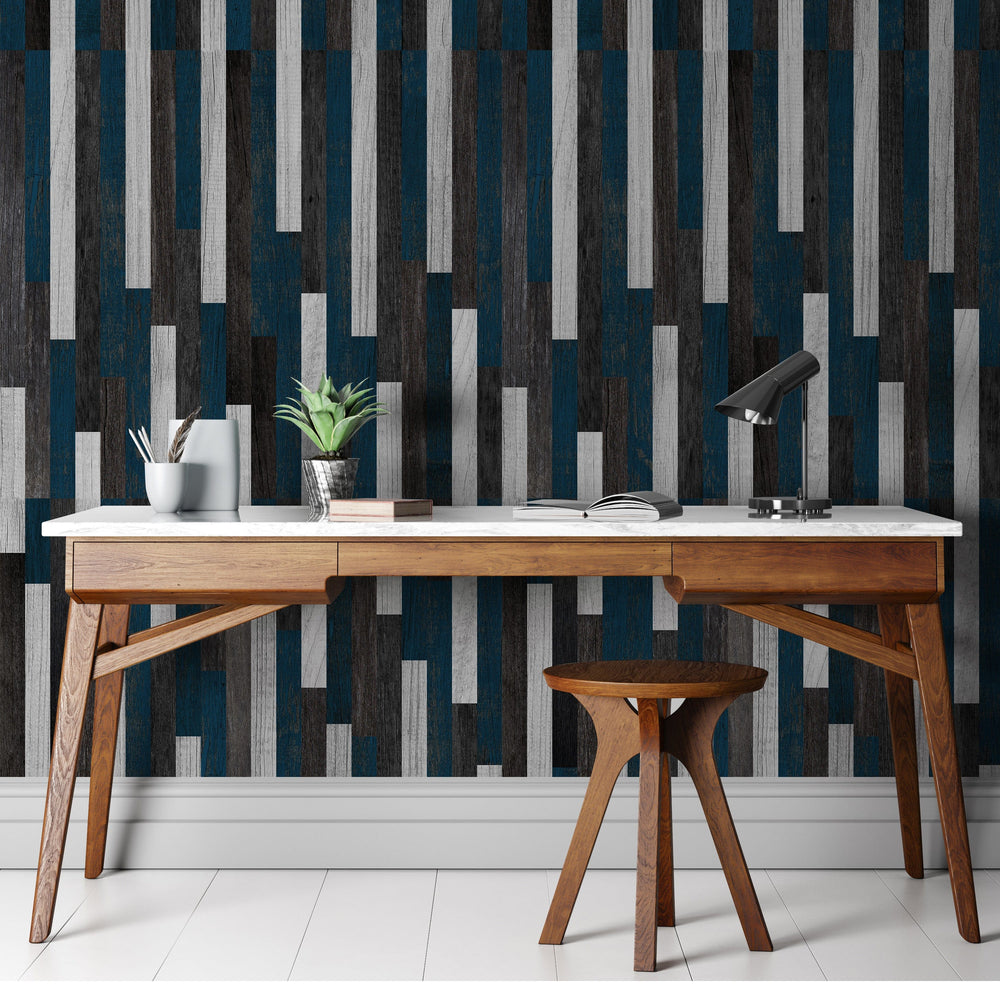 Slick Woody’s Blue White Grey Planks Peel and Stick Wallpaper
