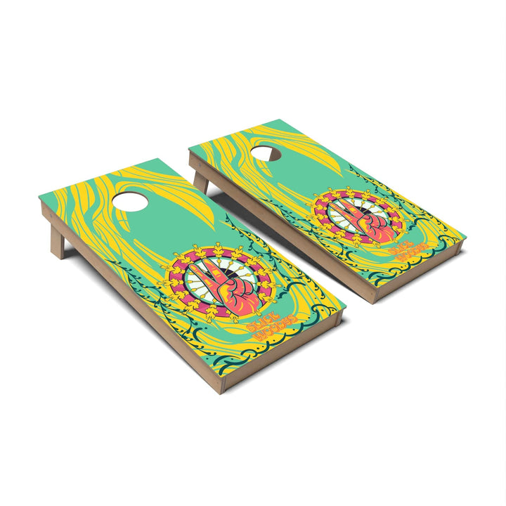 Slick Woody's Cornhole Co. Cornhole Board 70s Peace Hands Retro Cornhole Boards - Backyard