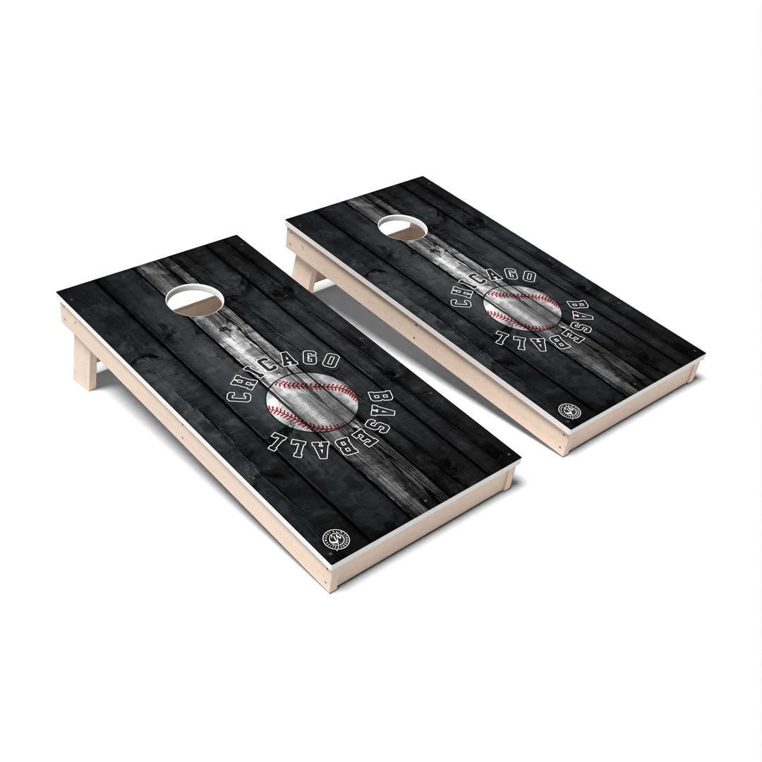 Slick Woody's Cornhole Co. Cornhole Board Black & White Striped Baseball Chicago Cornhole Boards - All Weather