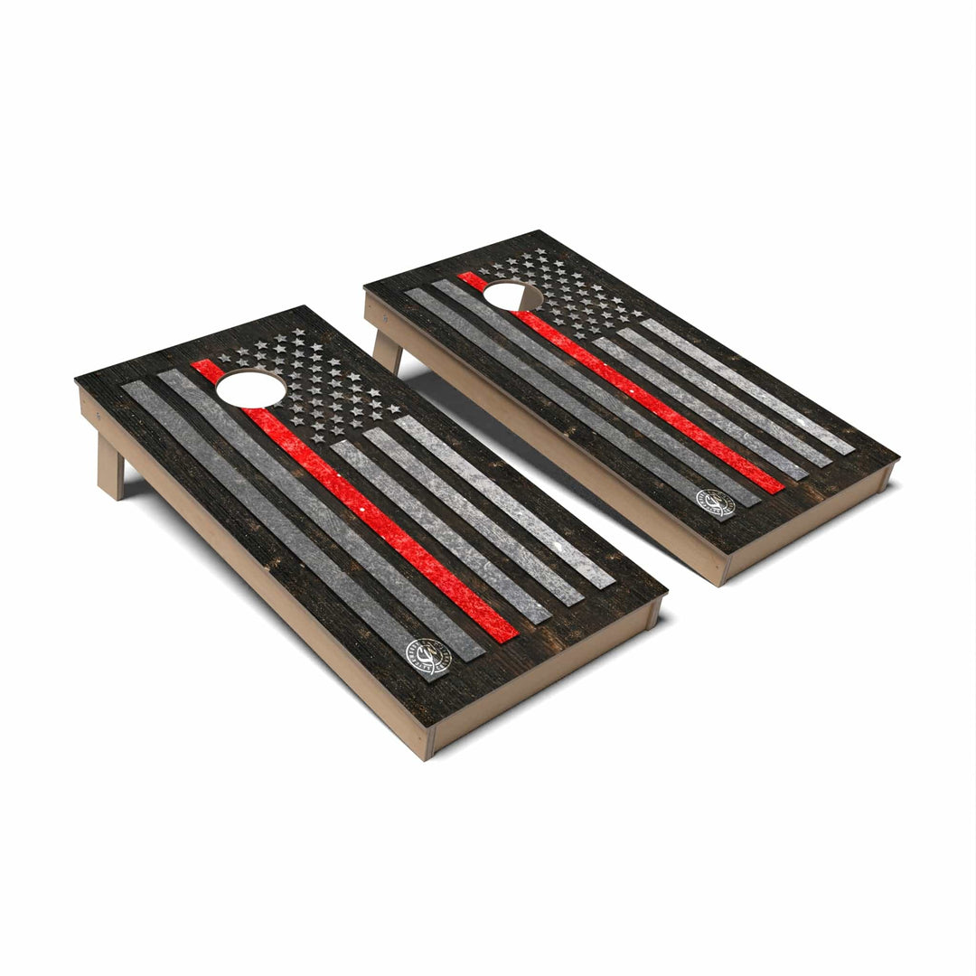 Slick Woody's Cornhole Co. Cornhole Board Firefighter Grunge Red Thin Line Flag Cornhole Boards - Backyard