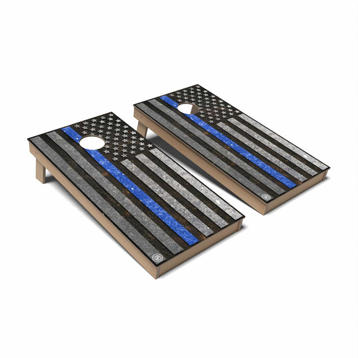 Slick Woody's Cornhole Co. Cornhole Board Grunge Blue Thin Line Flag Cornhole Boards - Backyard