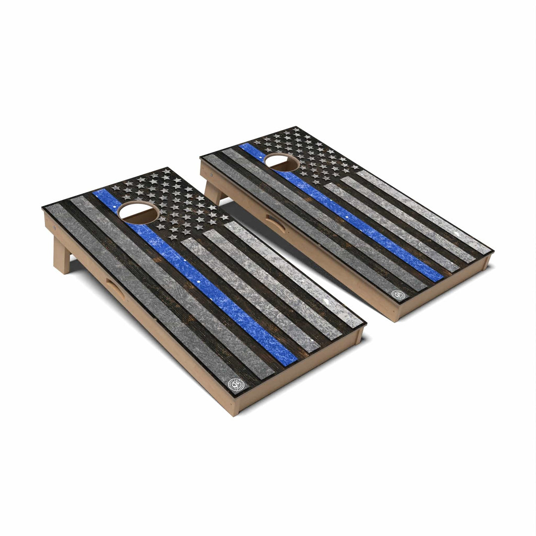 Slick Woody's Cornhole Co. Cornhole Board Grunge Blue Thin Line Flag Cornhole Boards - Professional Signature