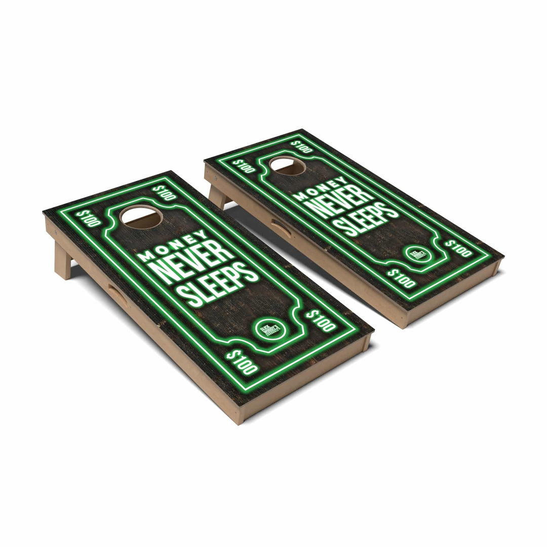 Slick Woody's Cornhole Co. Cornhole Board Money Never Sleeps Inspirational Cornhole Boards - Professional Signature