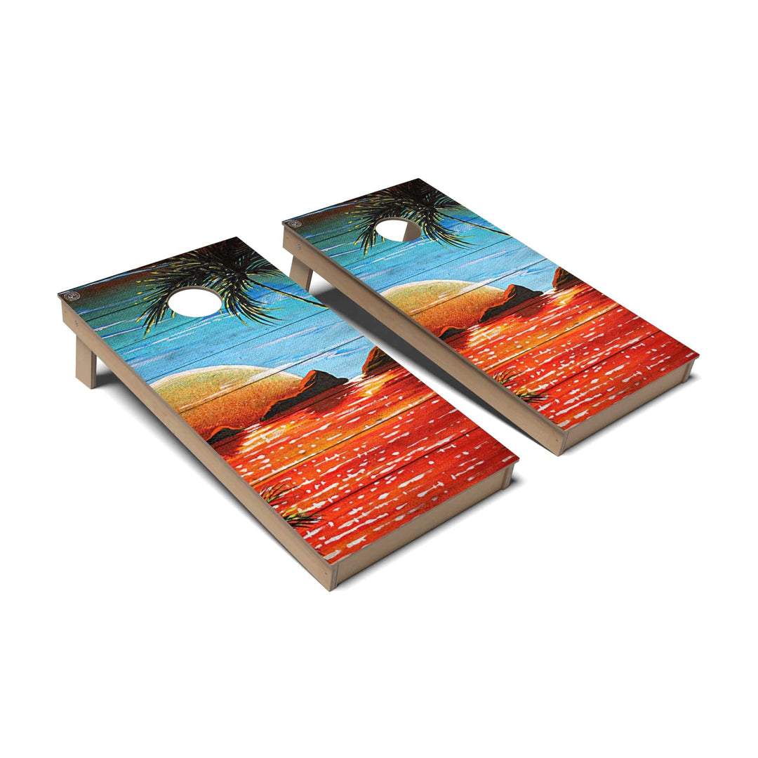 Slick Woody's Cornhole Co. Cornhole Board Ocean Sunset Coastal Cornhole Boards - Backyard