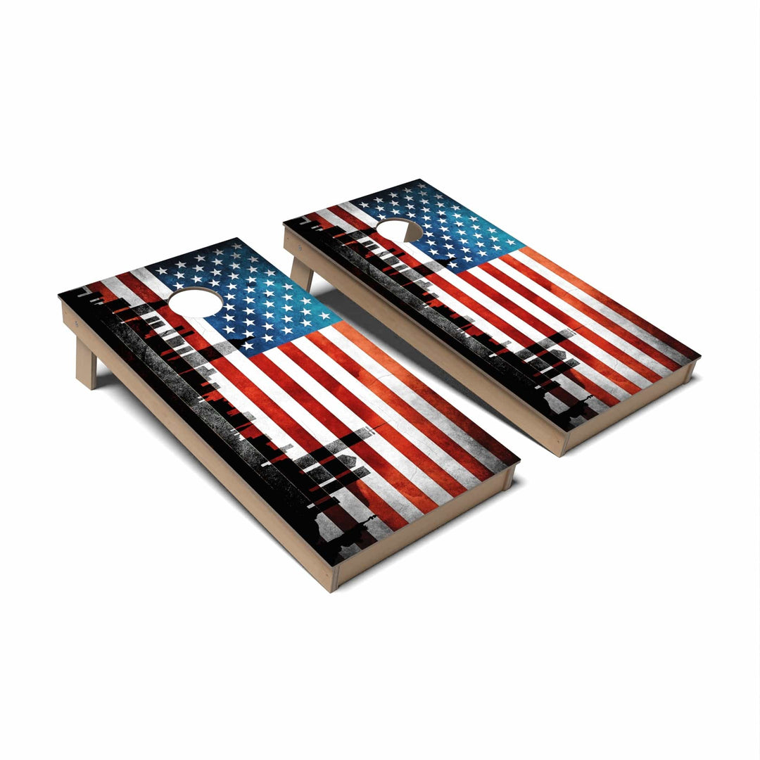 Slick Woody's Cornhole Co. Cornhole Board Skyline American Flag Patriotic Cornhole Boards - Backyard