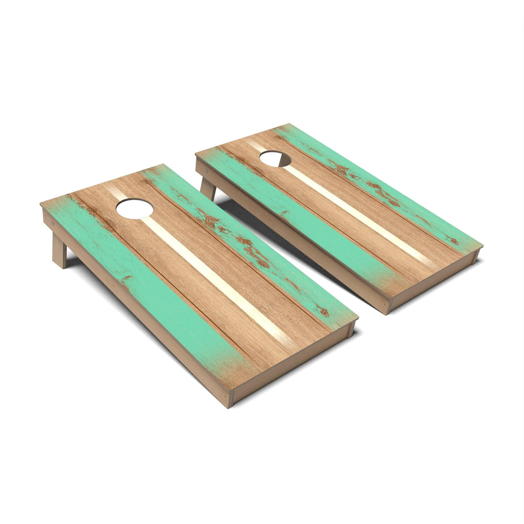 Slick Woody's Cornhole Co. Cornhole Board Vintage Green & White Stripes Surf Cornhole Boards - Backyard