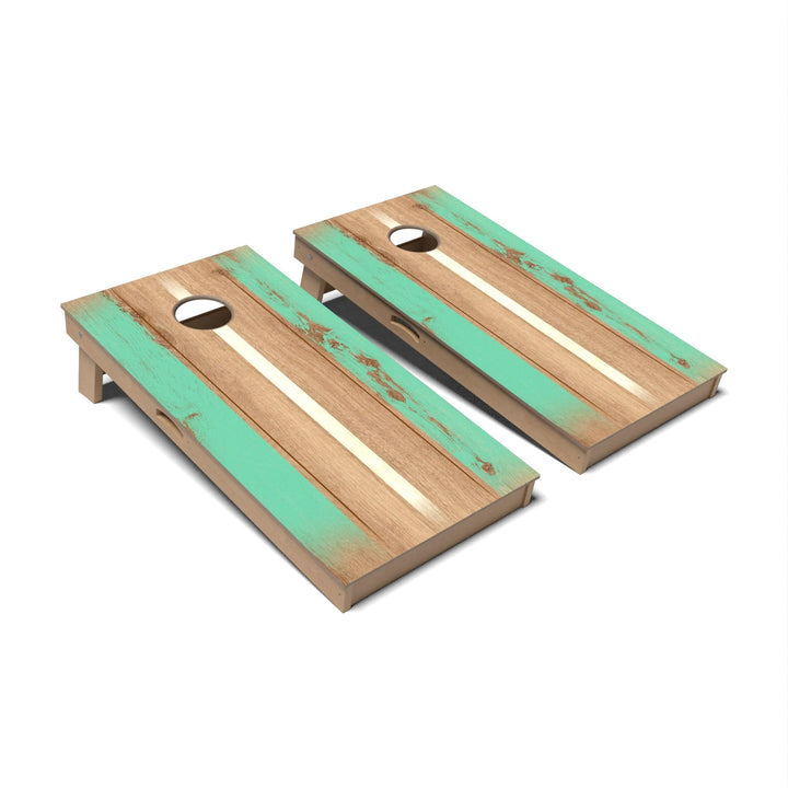 Slick Woody's Cornhole Co. Cornhole Board Vintage Green & White Stripes Surf Cornhole Boards - Professional Signature