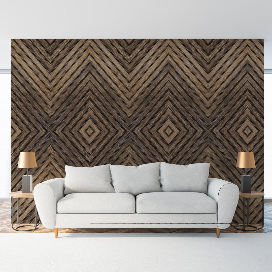 Slick Woody’s Geometric Dark Wood Peel and Stick Wallpaper
