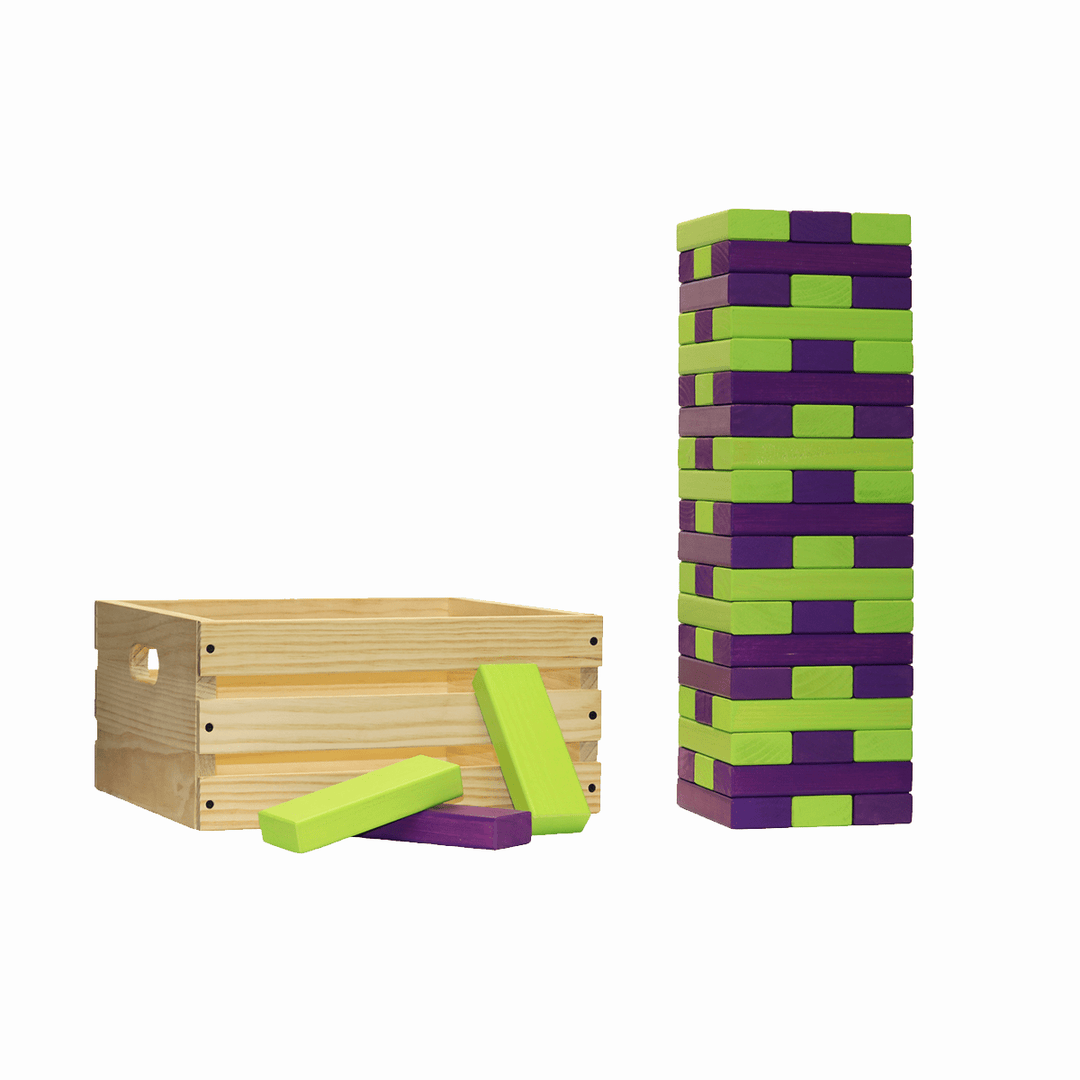 Slick Woody's Lime Green / Purple Tailgating Pros Giant Toppling Timbers with Natural Wooden Crate