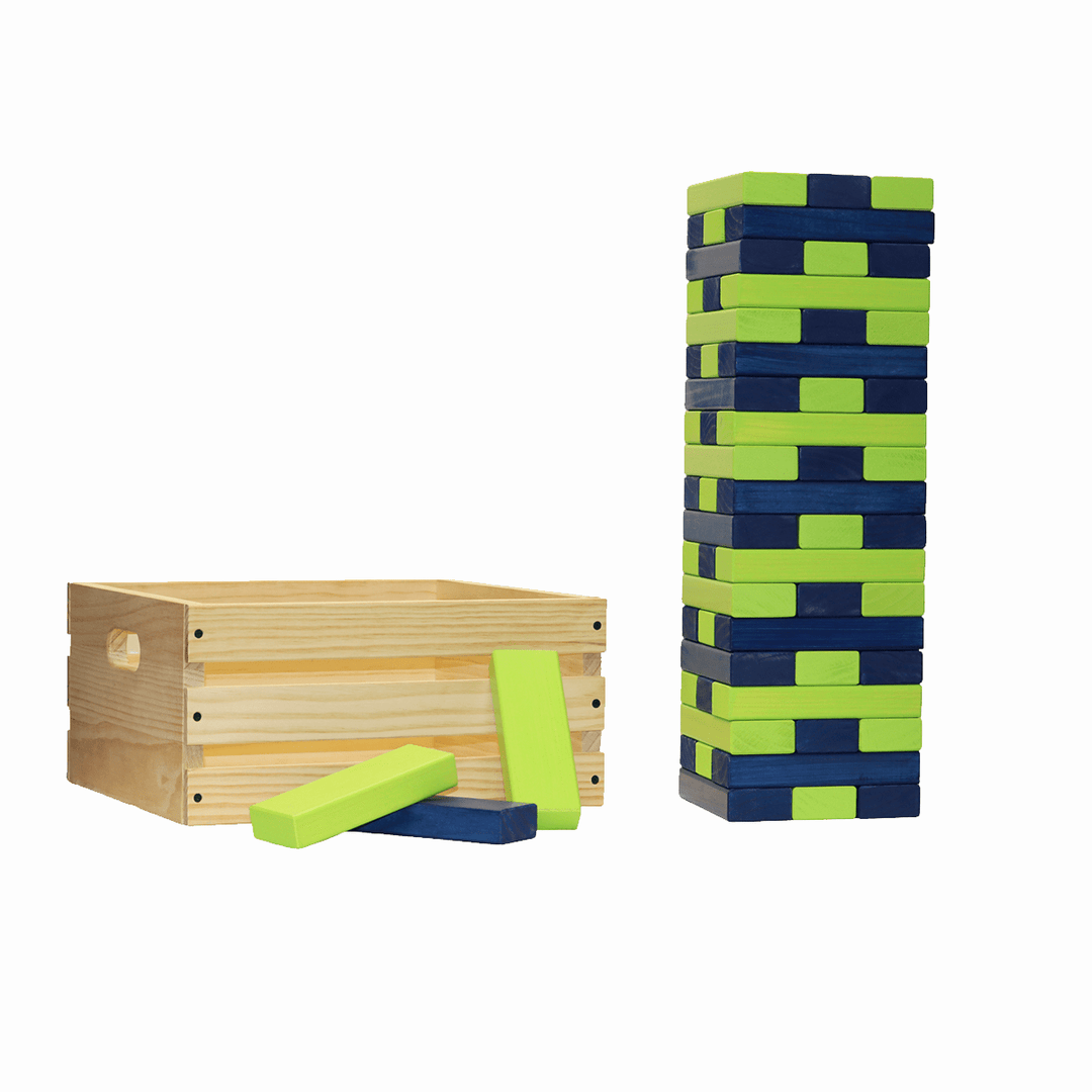 Slick Woody's Navy / Lime Green Tailgating Pros Giant Toppling Timbers with Natural Wooden Crate