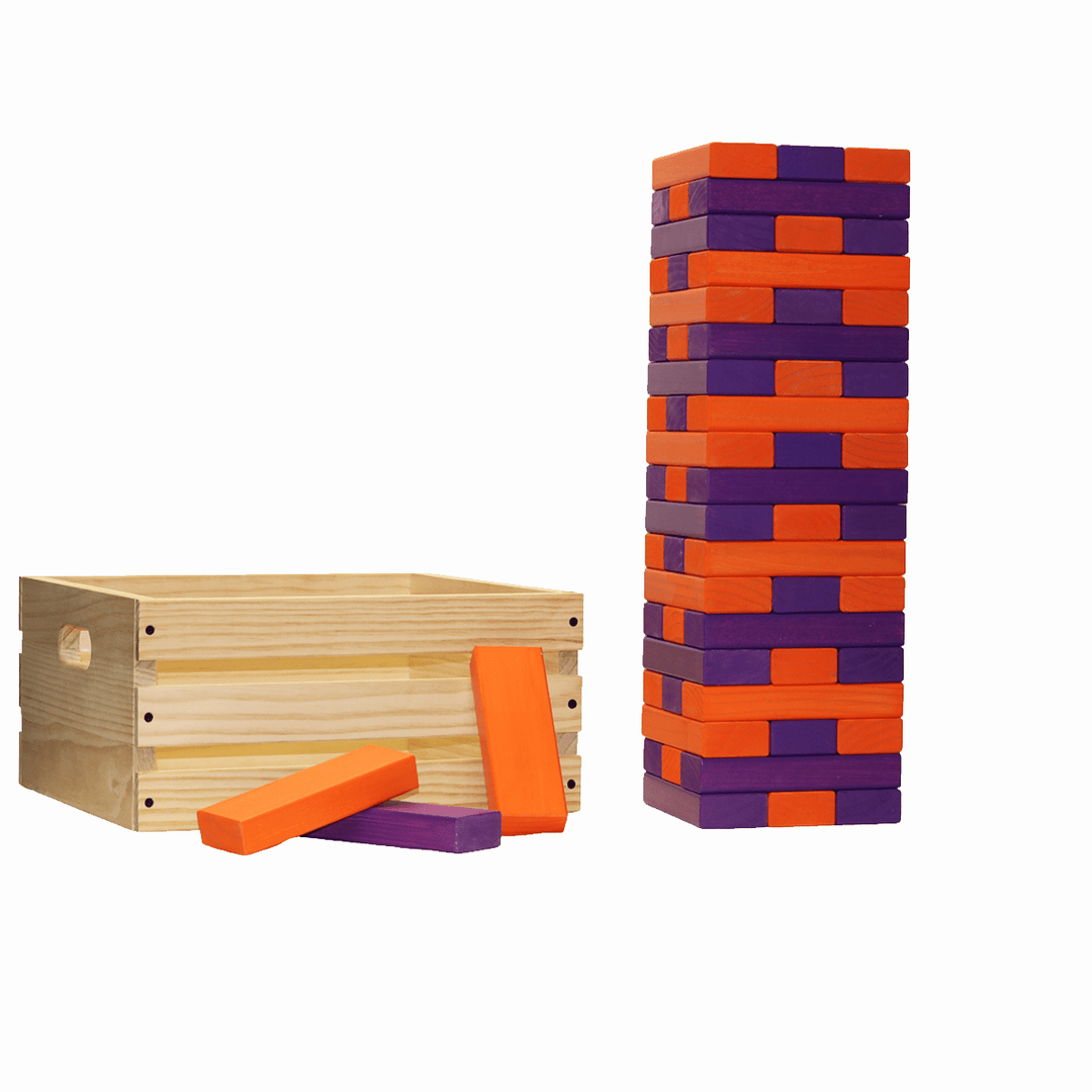 Slick Woody's Purple / Orange Tailgating Pros Giant Toppling Timbers with Natural Wooden Crate