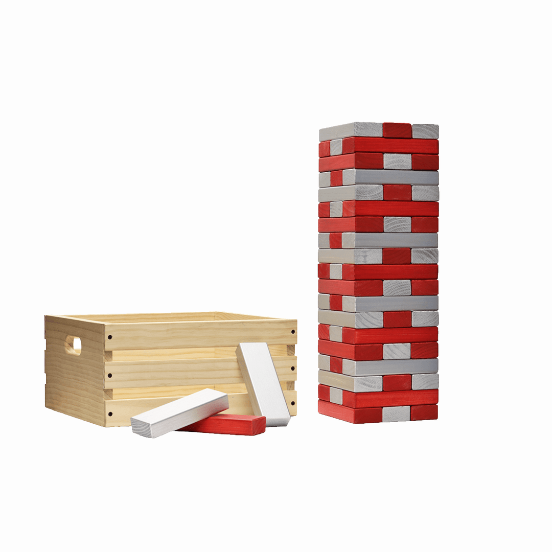 Slick Woody's Red / Silver Tailgating Pros Giant Toppling Timbers with Natural Wooden Crate