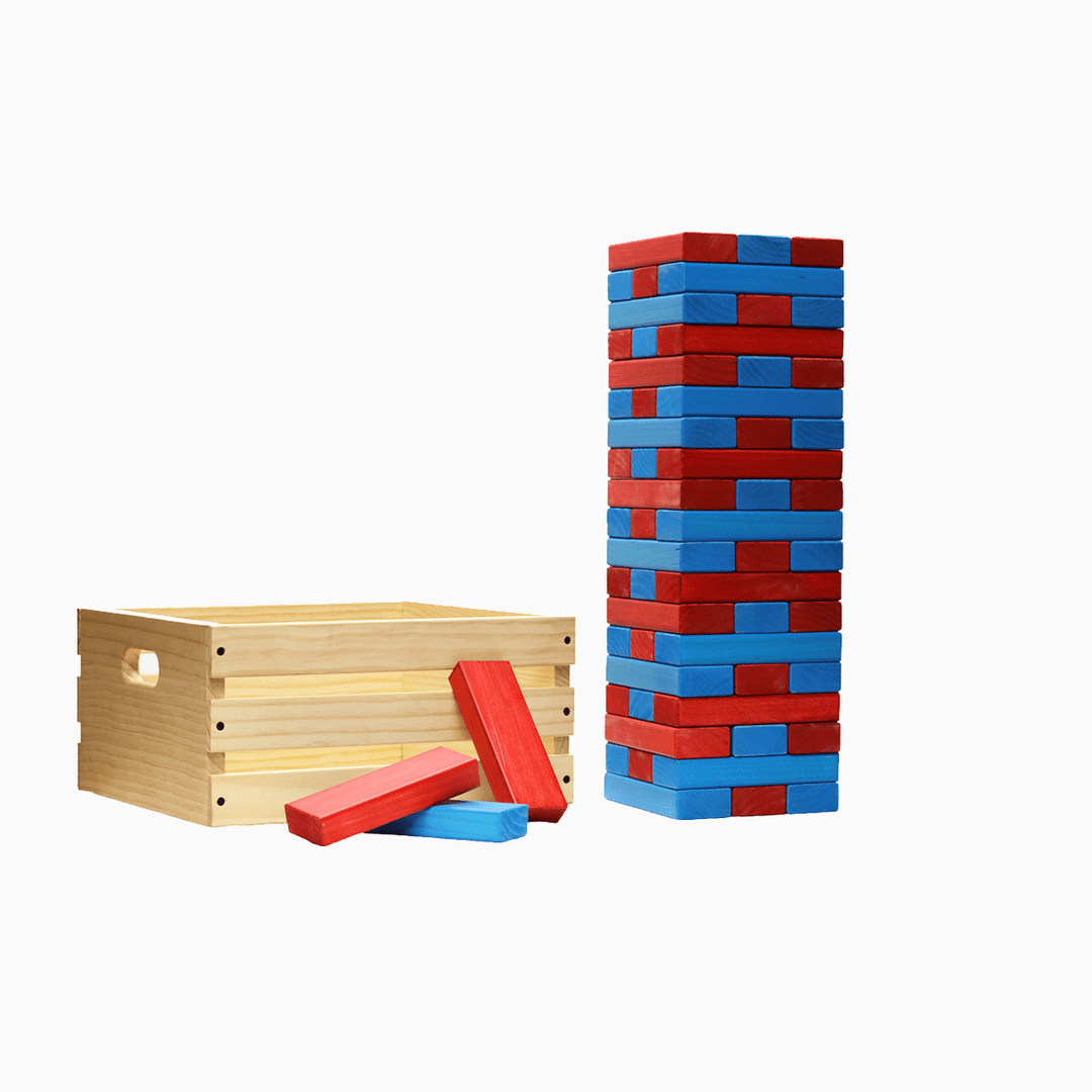 Slick Woody's Red / Turquoise Tailgating Pros Giant Toppling Timbers with Natural Wooden Crate