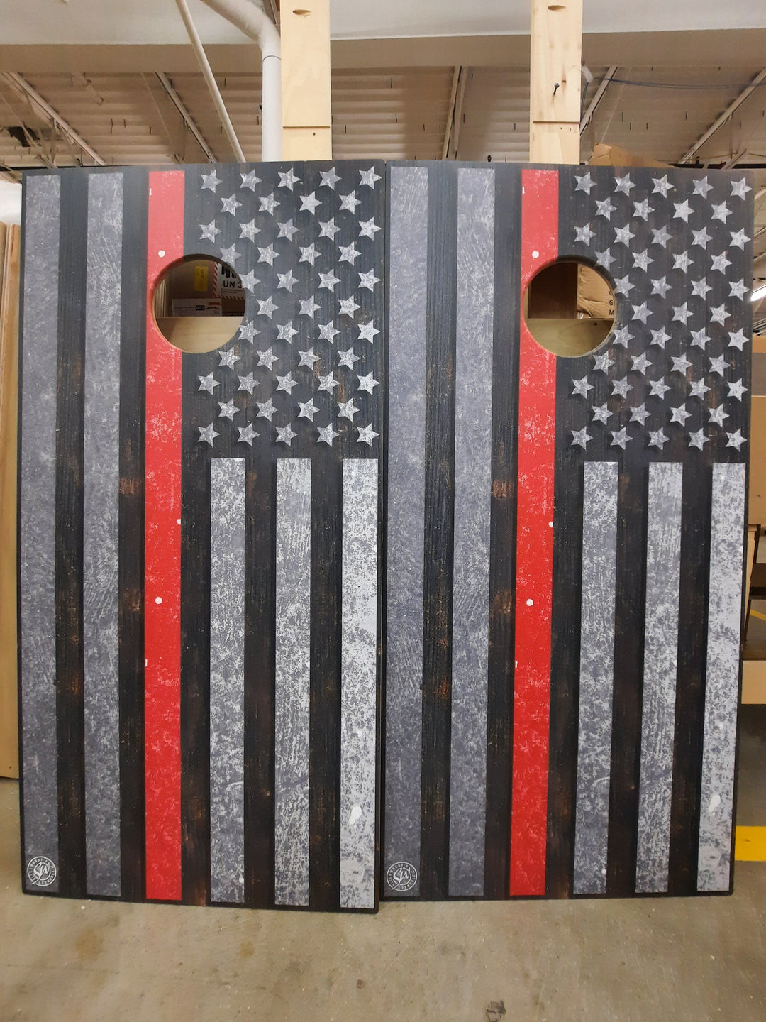 Slick Woody’s Scratch and Dent Scratch and Dent 2x4 Thin Red Line Premium Regulation Cornhole Board Set (Includes 8 Bags)/ DISTRL