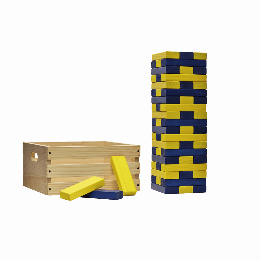 Slick Woody's Yellow / Navy Tailgating Pros Giant Toppling Timbers with Natural Wooden Crate