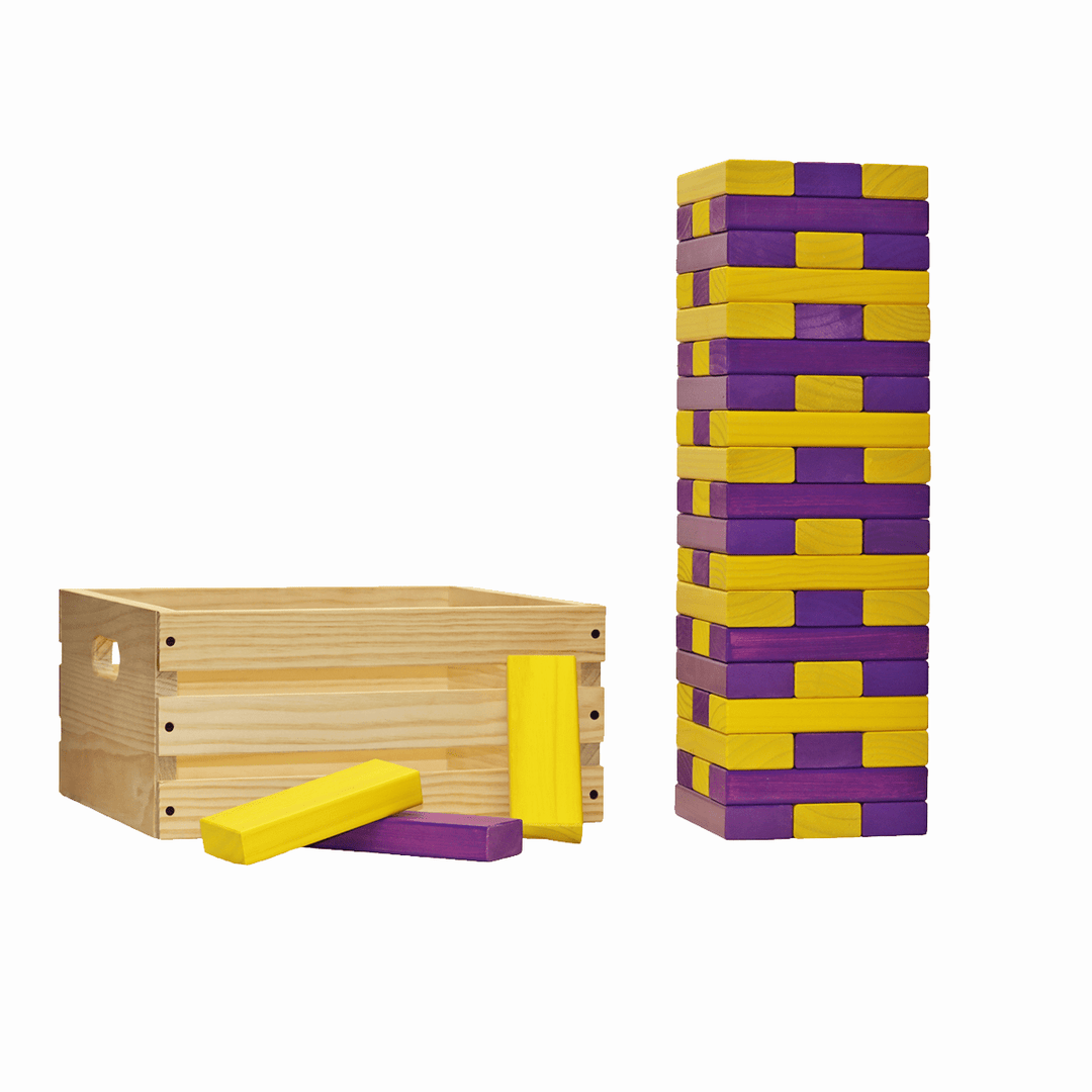 Slick Woody's Yellow / Purple Tailgating Pros Giant Toppling Timbers with Natural Wooden Crate