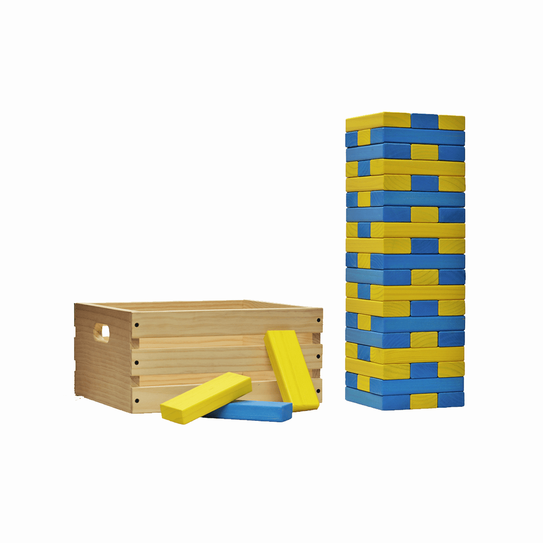Slick Woody's Yellow / Turquoise Tailgating Pros Giant Toppling Timbers with Natural Wooden Crate